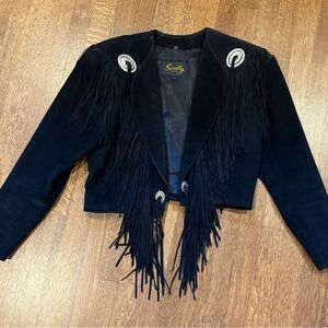 80’s Vintage Scully Black Leather Fringe Jacket with Cropped Design